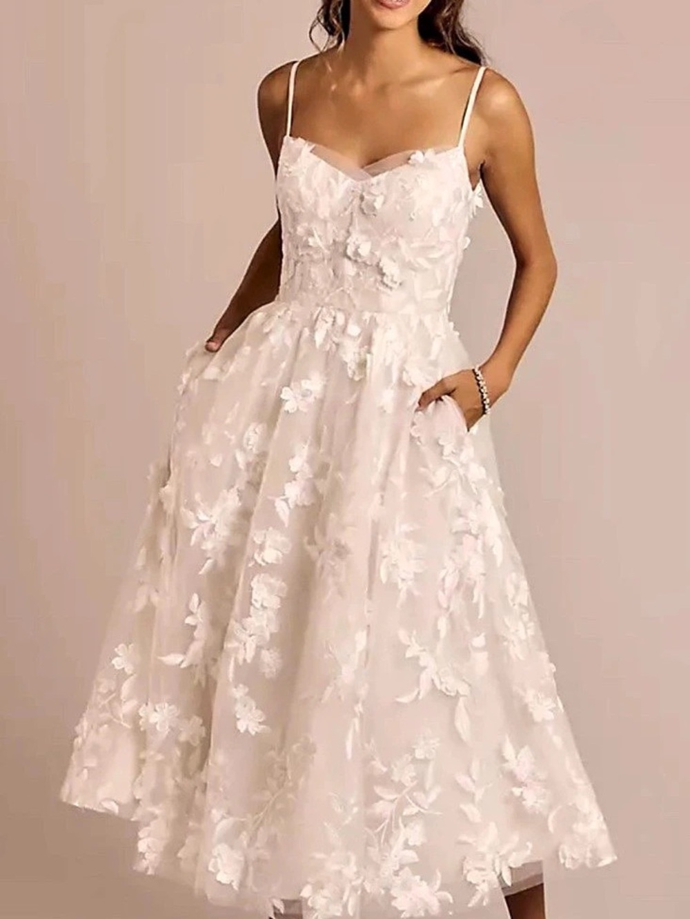David's Bridal Floral Appliqué Tea-Length Dress Pink & White